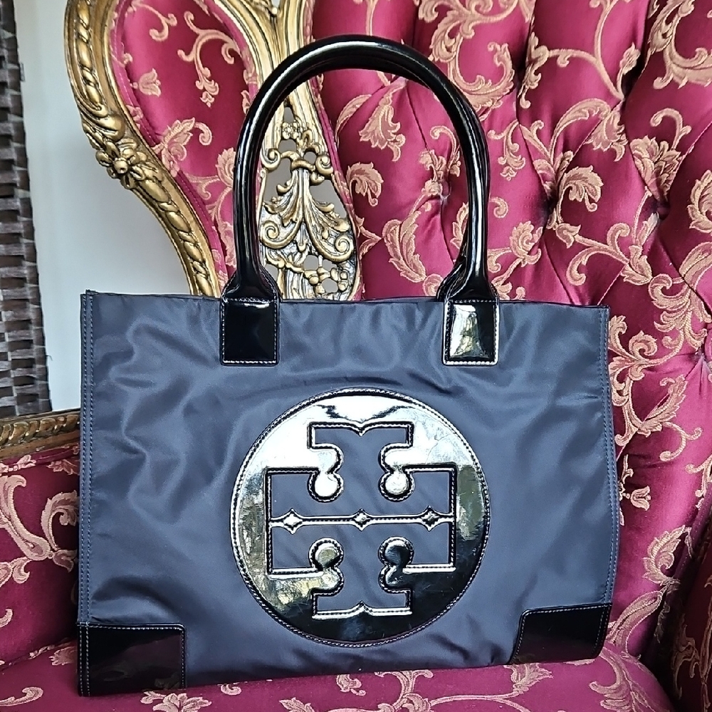 Tory Burch Black Nylon & Patent Logo Tote
